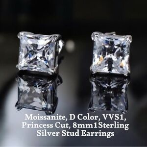 Moissanite, D Color VVS1, Princess Cut, 8mm/4 CTs, Sterling Silver Stud Earrings